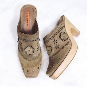 Via Spiga Suede Laser Cut Studded Clog Mules